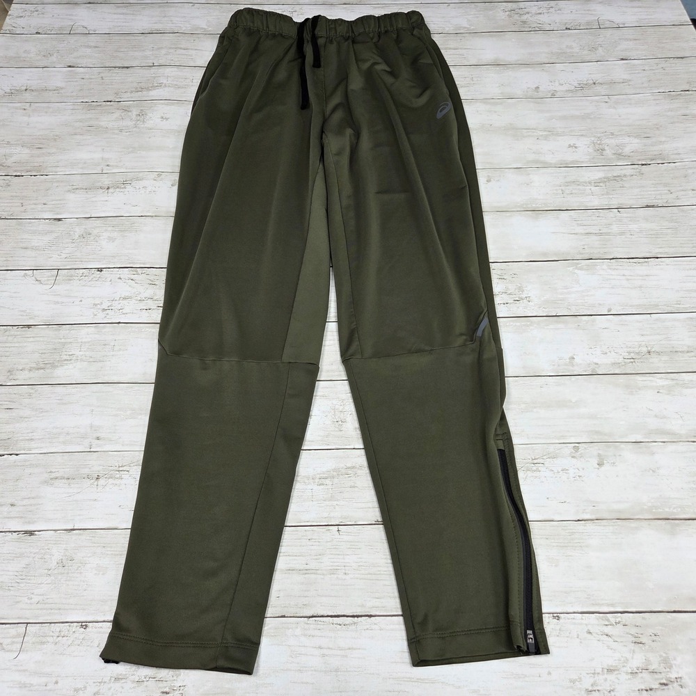 Asics Athletic‎ Pants Men Medium Olive Green Track Ankle Zip Reflective Training
